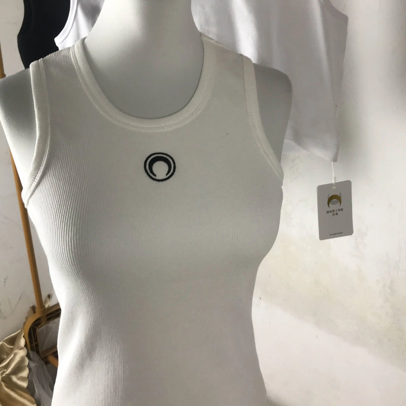 High Street Tank Top Sleeveless Women Moon Embroidery Korean Style Cotton Slim Fit Versatile Bottom Strap Tops