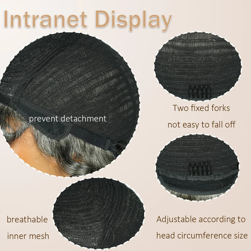 Salt and Pepper Pixie Cut Human Hair Wigs for Women Gray Hair Black Mixed With 60#Color for Daily Use Machine Made