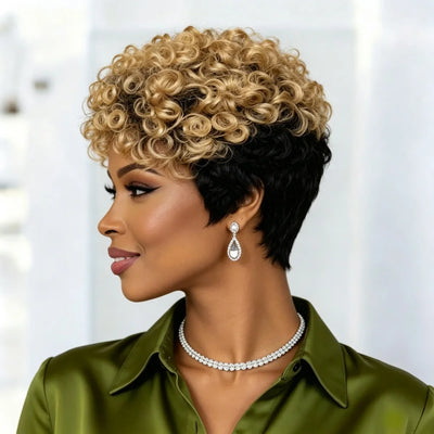 6 Inch Two Tone Ombre Short Curly Pixie Wig Human Hair Pixie Cut Wig for Women Daily Party Use Full Machine Made Wig
