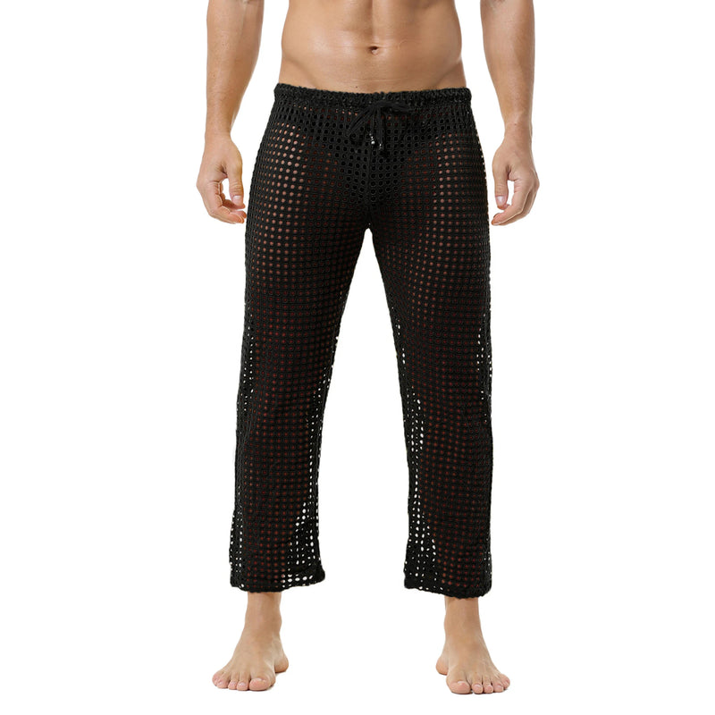Men's Fishnet Hollow Out Robes Classic Lounge Pants Sexy Sleepwear Mens Robe Sets Daily Home Sleeveless Bathrobes Hooded Pajamas