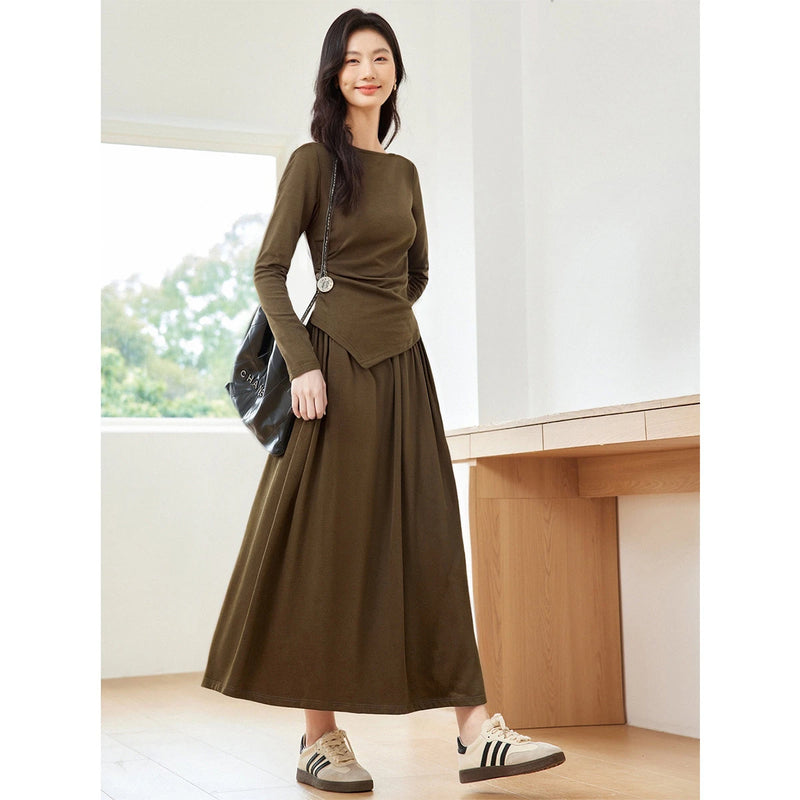 VIMLY Women's Two-Piece Set Elegant Hem Irregular Long Sleeve T-shirt Elastic Waist Long Skirt Fall Matching Outfit Female M8577
