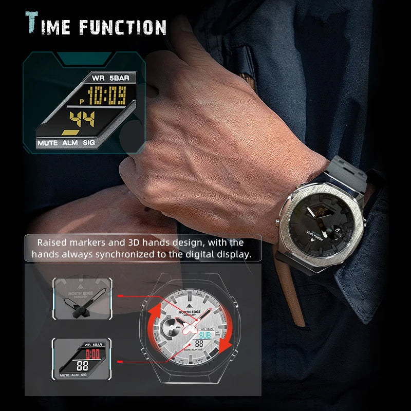 NORTH EDGE MERCURY Men's Military Digital Watch Stopwatch Waterproof 50M Sports Watches World Time