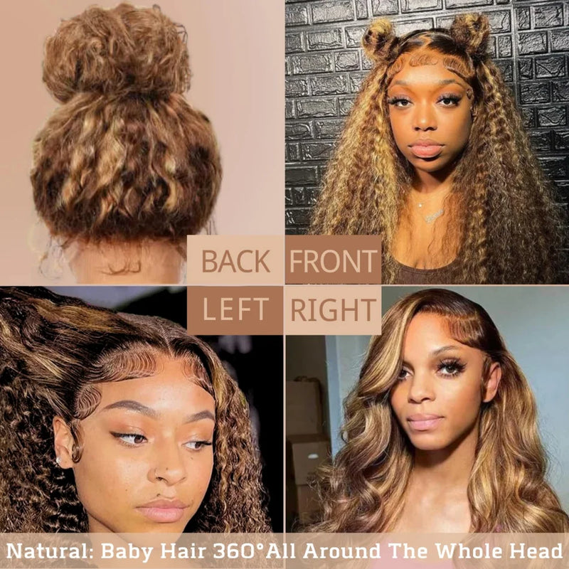 360 Full Lace Wig Human Hair Pre Plucked HD Invisible Drawstring Brazilian Skinlike Pre Cut Transparent Lace Highlight Deep Wave Frontal Wig For Women
