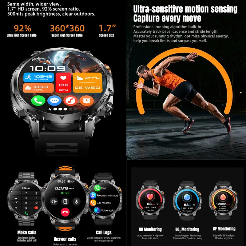 Hot New 1400mAh Big Battery Smart Watch Men Outdoor Flashlight IP68 Waterproof Bluetooth Call AMOLED Military Sports Smartwatch