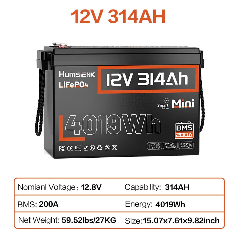 Humsienk 12V 100Ah 150Ah 200Ah 314Ah LiFePO4 Battery Built-in BMS Low Temperature Protection For  RV/ Camp/ Solar Energy Storage