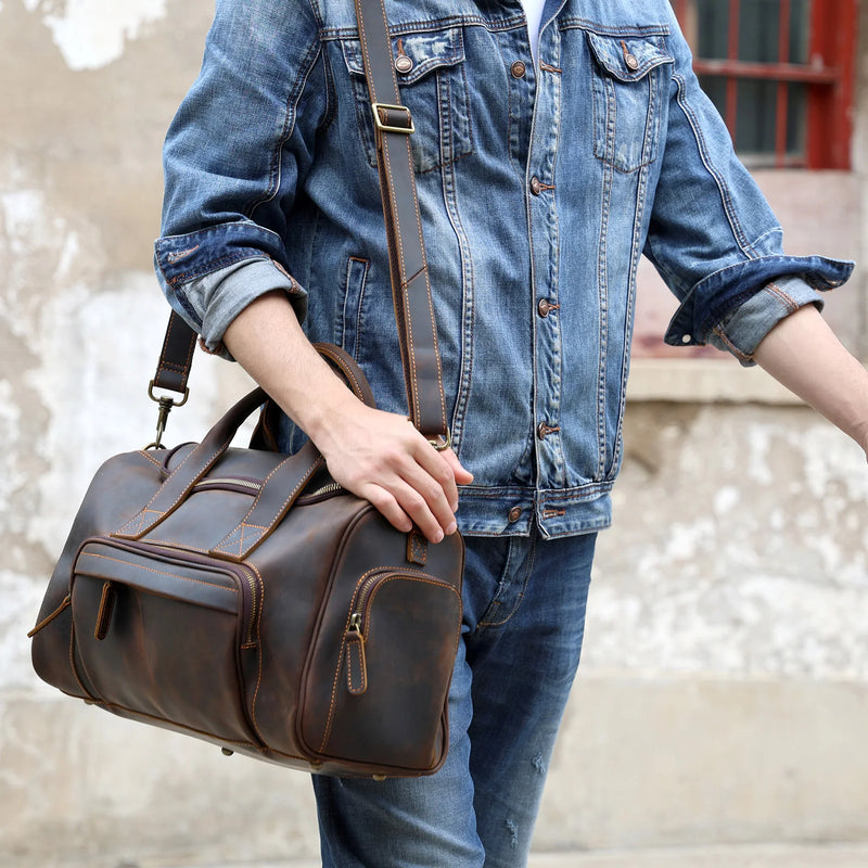 S.WORKER Vintage Genuine Leather Travel Bag  Crazy Horse Cowhide Leather Duffel Bag Men's Weekender Bag Gym Bag Carry on Luggage
