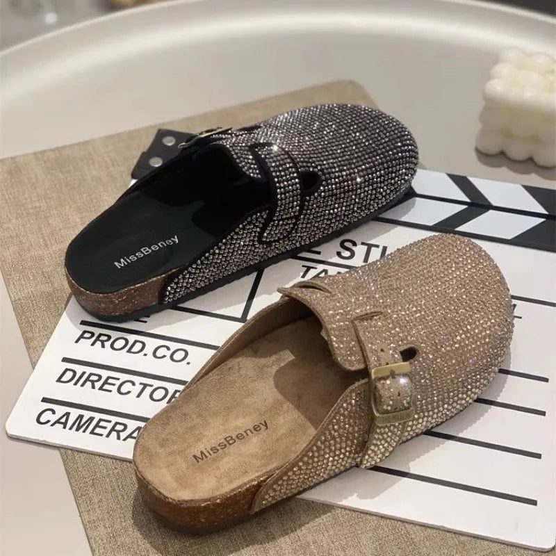 Women Slip on Lazy Shoes French Style Rhinestone Mules Closed Toe Casual Versatile Half Slipper Outdoor 2026 Spring Autumn