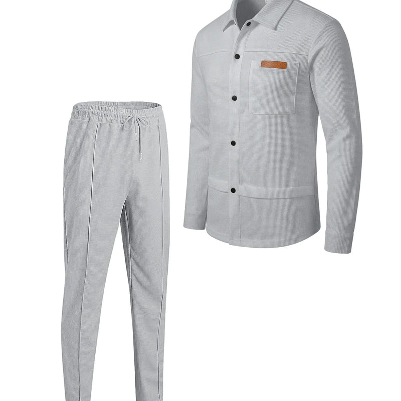 Men's New Style Waffle Plain Color Collar Button - Down Pockets Long - Sleeved Pants Casual Jacket Set - View 9 | SAMAG