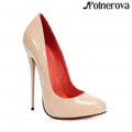 16cm Brown Patent PU Leather Pumps Sexy Style Sliop on Round Toe High Heels Ultimate Lacquered Heel Pumps Women's Daily Footwear