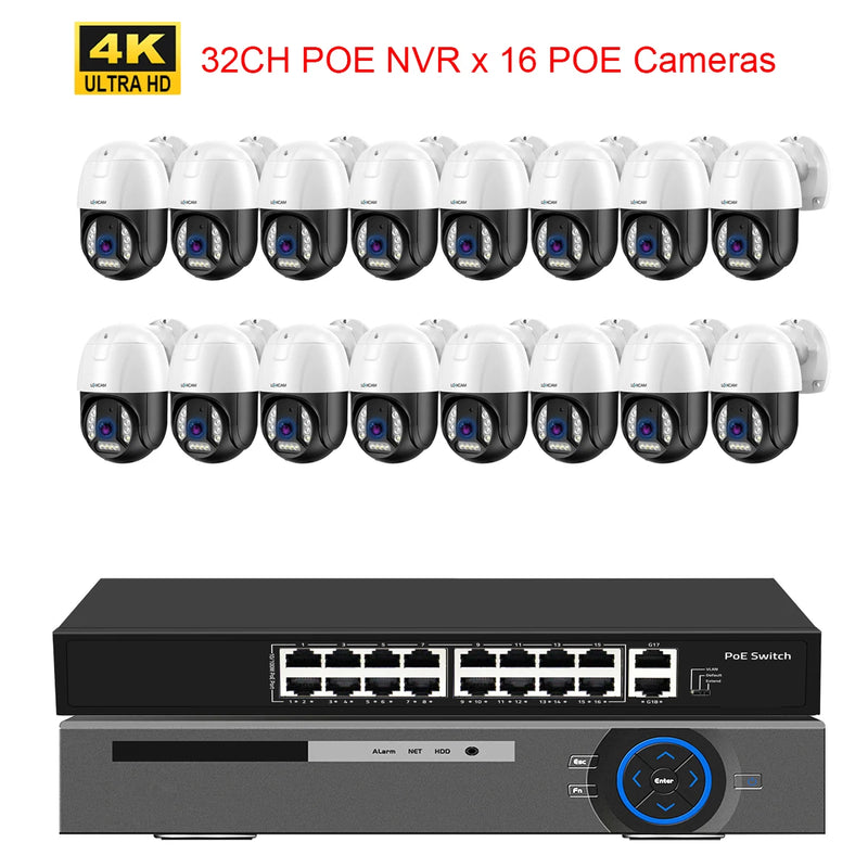 XMEYE 32CH Security Camera System 4K POE NVR Set Outdoor POE IP PTZ Camera Face Detection Two Way Audio Video Surveillance Kit