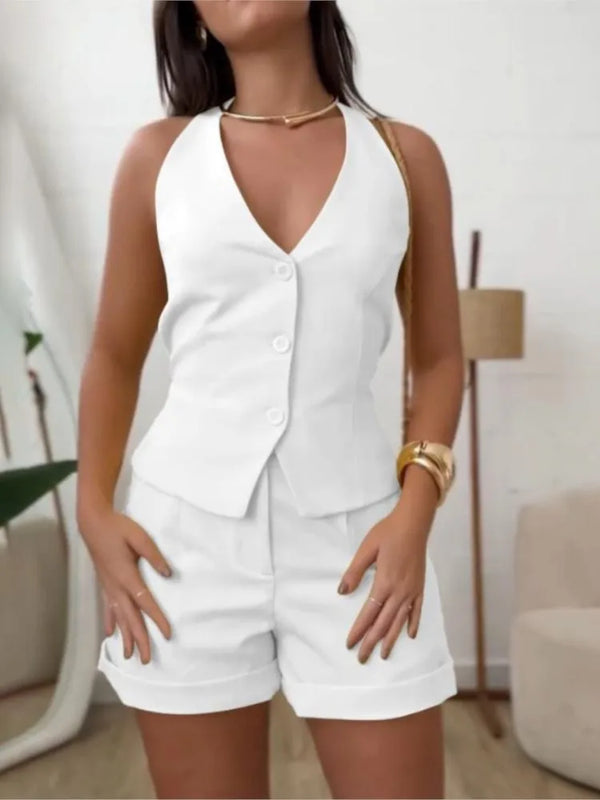Two Piece Set Sleeveless Backless Blazer Shorts For Women's Summer Fashion V Neck Button Slimming Female Office Shorts Set 2025