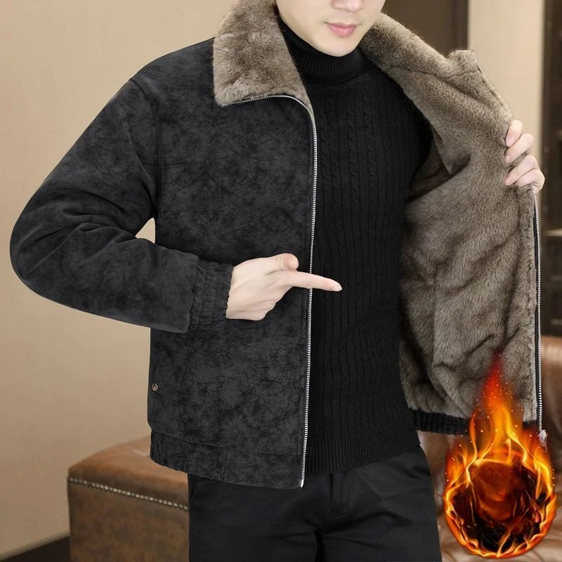 Winter Fleece and Thickened Leather Jacket for Men with A Fur Collar Warm and Casual American High-end Faux Fur One-piece Jacket