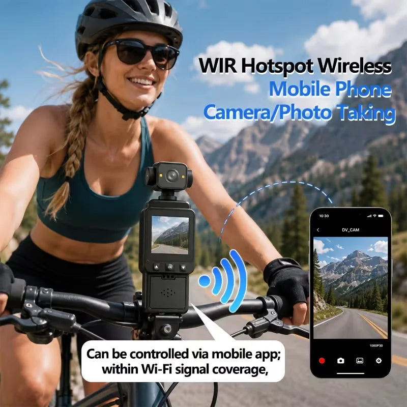 Pocket WiFi Action Camera, Image Stabilization, USB Rechargeable, Lightweight for Helmet Cycling Outdoor Travel