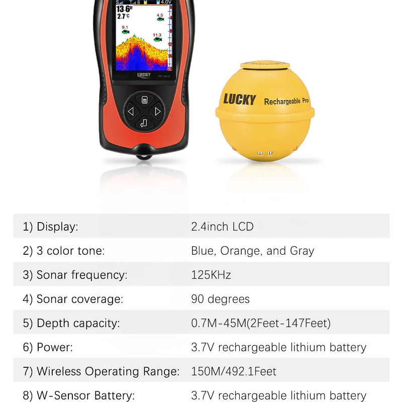 LUCKY FF1108-1CWLA Rechargeable Wireless Sonar for Fishing 45M Water Depth Echo Sounder Fishing Finder Portable Fish Finder