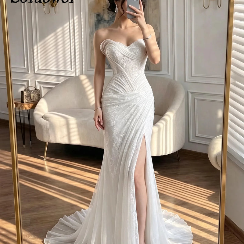 Sweetheart Strapless Lace Mermaid Evening Dresses Pleated | SAMAG