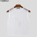Men Tank Tops Mesh See Through O-neck Sleeveless Sexy Striped Male Crop Tops Streetwear Summer Party Fashion Men Vests S-5XL