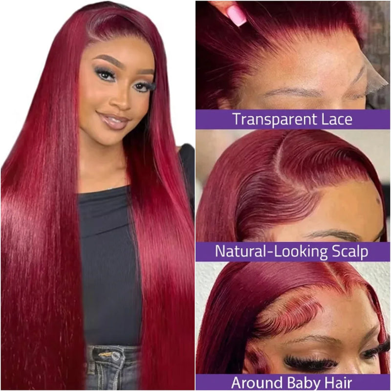 30 40 Inch 99J Colored 13x6 Lace Front Human Hair Wig Straight Burgundy 13x4 HD Transparent Lace Frontal Wigs Red Wigs For Women