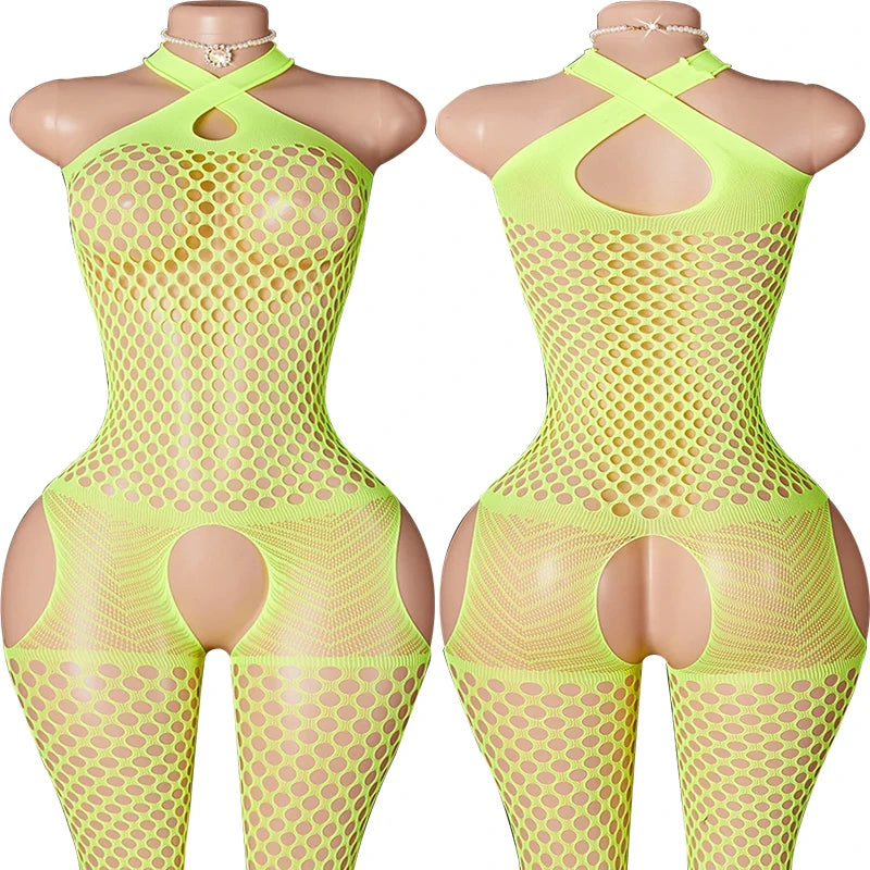 Sexy Crotchless Lingerie For Women Fishnet Teddy Bra Set Erotic Costumes Stretch Mesh Hollow Bodystockings Female Underwear Sets