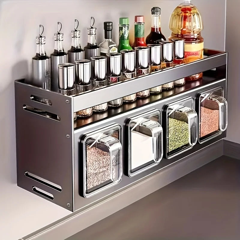 1 Wall-Mounted Spice Rack - No Drilling Required for Installation, Durable Aluminum Material, Space-Saving Storage for Kitchen and Dining Room, Used for Storing Bottles, Jars, and Spices, Kitchen Storage Rack, Simple Metal De