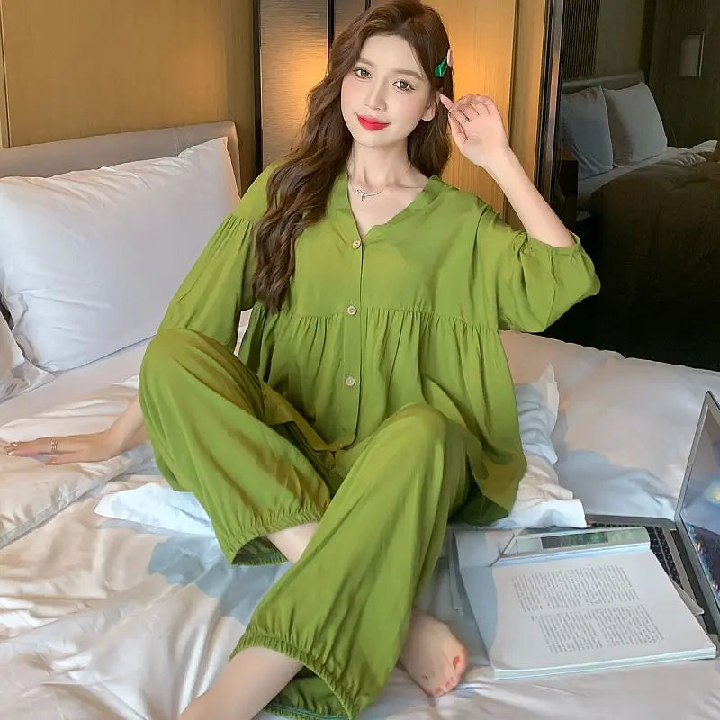 Cotton Sleepwear Big Size Cardigan Seven-minute Pants Two-piece Print Loungewear Pajama Sets Summer Nightwear Korean Fashion