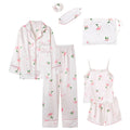 Spring Autumn 7 Pieces Set Silk Elegant Women Pajamas Print Shorts Long Sleeve Top Elastic Waist Pants Lounge Sleepwear