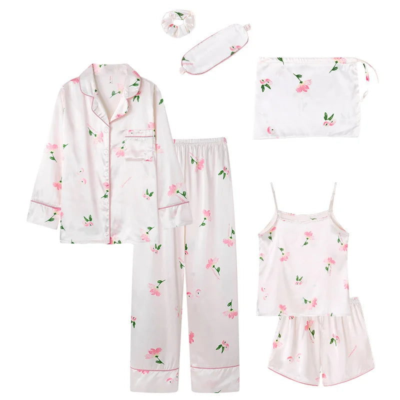 Spring Autumn 7 Pieces Set Silk Elegant Women Pajamas Print Shorts Long Sleeve Top Elastic Waist Pants Lounge Sleepwear