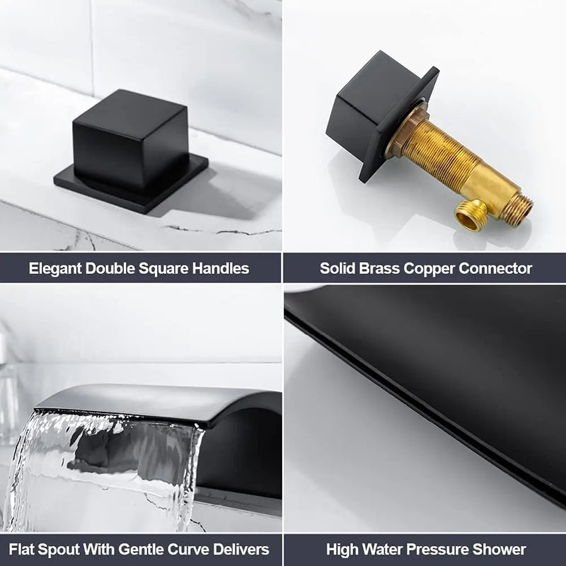 3-5PC Black Brass Waterfall Bathtub Faucet Widespread Tub Sink Tap Three Handles Hot Cold Water Mixer Bathroom Shower Faucet
