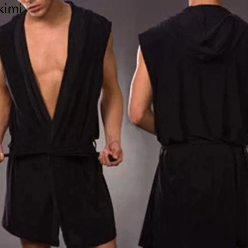 2026 Summer Men's Sexy Sleeveless Pajama Kimono Robe Fashion Loose Casual Hooded Bathrobes Cool Smooth Bath Robe Male Sleep Gown