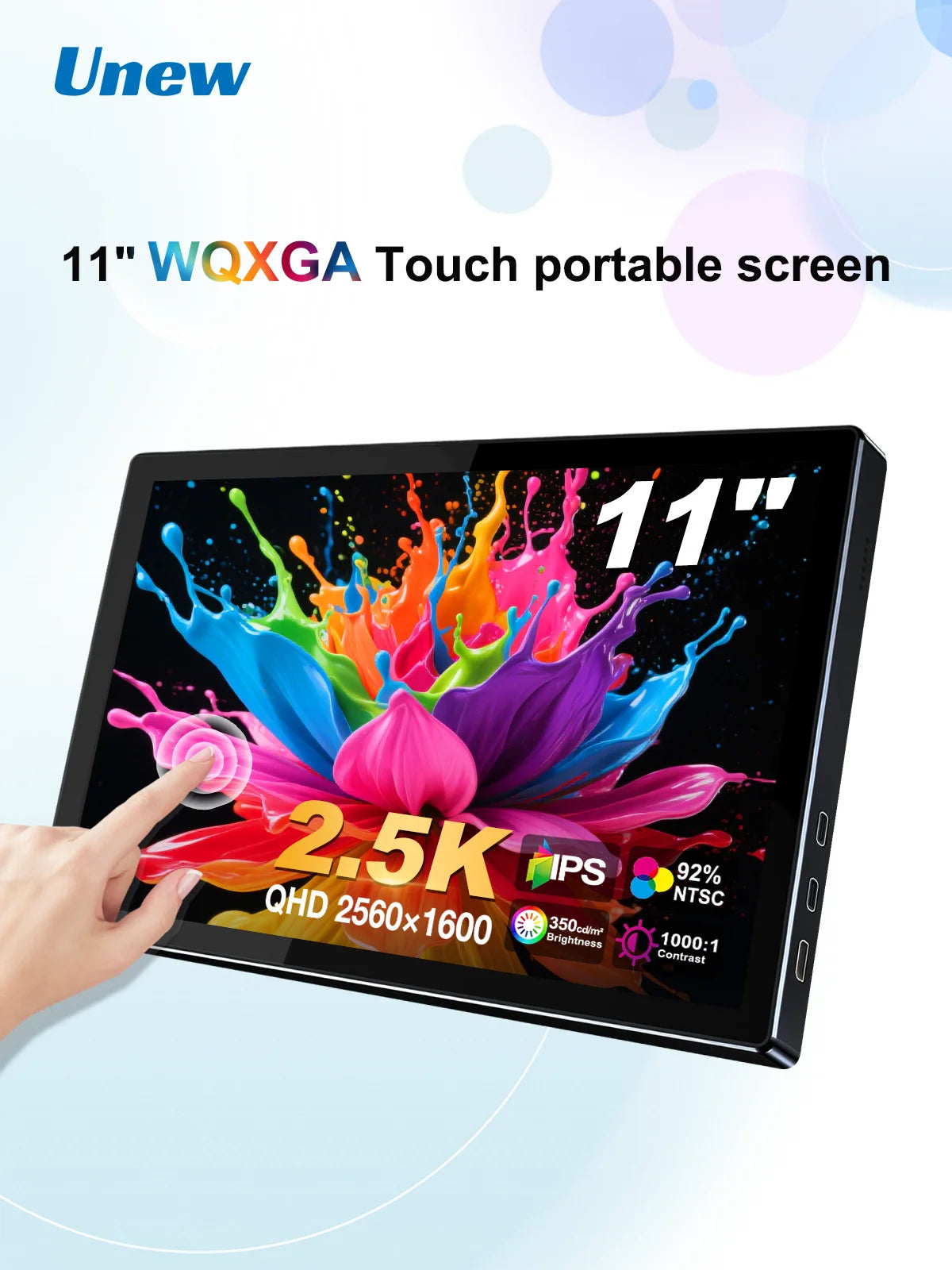Unew 11 inch Portable Touch Monitor | 2.5K IPS, WQXGA, 350cd 92% NTSC USB-C/HDMI, VESA 75x75mm & Stand, For Mobile Phones Laptop
