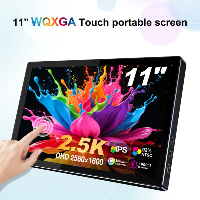 Unew 11 inch Portable Touch Monitor | 2.5K IPS, WQXGA, 350cd 92% NTSC USB-C/HDMI, VESA 75x75mm & Stand, For Mobile Phones Laptop