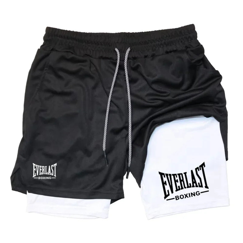 Men's fashionable double-layer sports shorts EVERLAST printed sports shorts, double-layer quick drying basketball muscle fitness