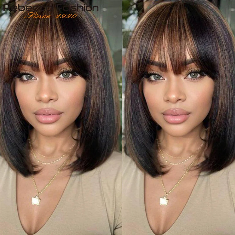 Real Scalp Bang Wig Straight Bob Wig With Bangs 3x1 Lace 100% Human Hair Short Ready-to-Wear Wig for Women Beginner Friendly