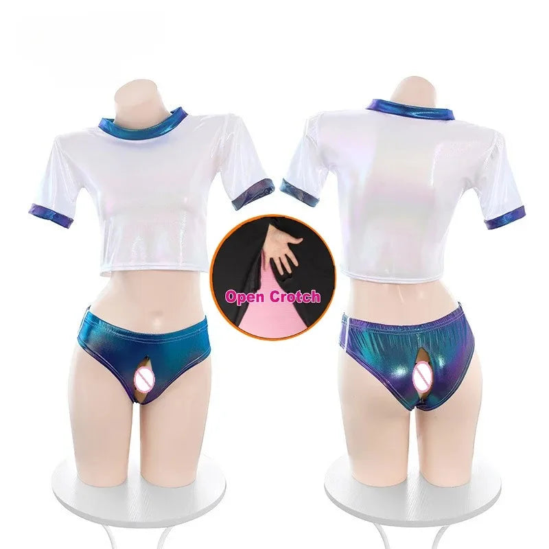 Open Crotch Laser Hologram Gymnastics Set Shiny Glossy Back Hollow Out Slim Stretch Outfit Party Stage Club Performance Fashion