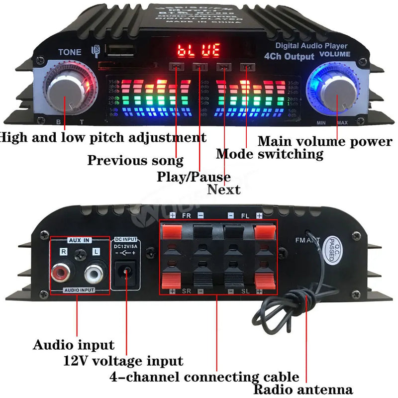 Woopker 45W*4 HiFi Sound Amplifier Digital 4 Channel Audio Amp Support Bluetooth Karaoke Player FM Remote Control for Home
