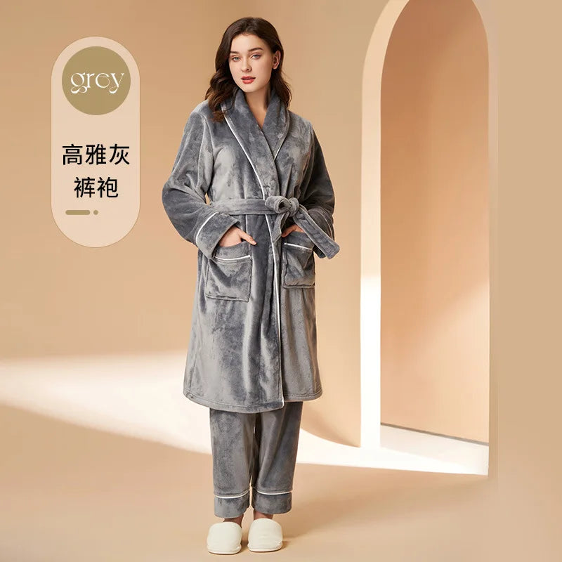 Flannel Couple Robe And Pant Set Warm Autumn Winter Thick Coral Fleece Pajamas Women's Bathrobe Men's Sleepwear Loose Home Cloth