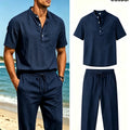 Men's Cotton Linen Henley Shirt and Drawstring Pants Set | SAMAG