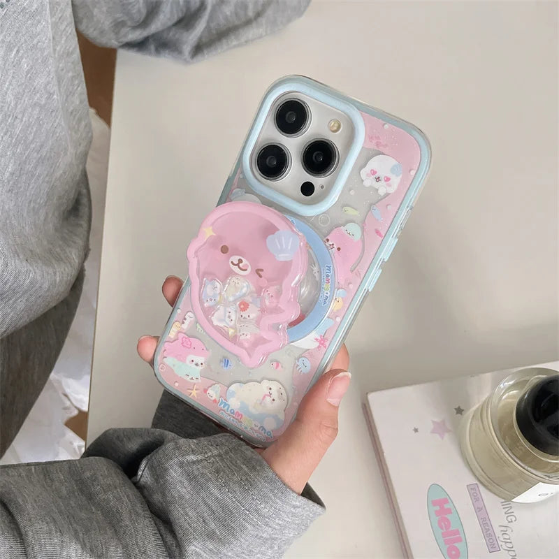 Cute Dolphin Shaking Bracket Magnetic Phone Case For iPhone 17 16 Pro 15 14 Pro Max Cover with Stand Holder Cases for Magsafe