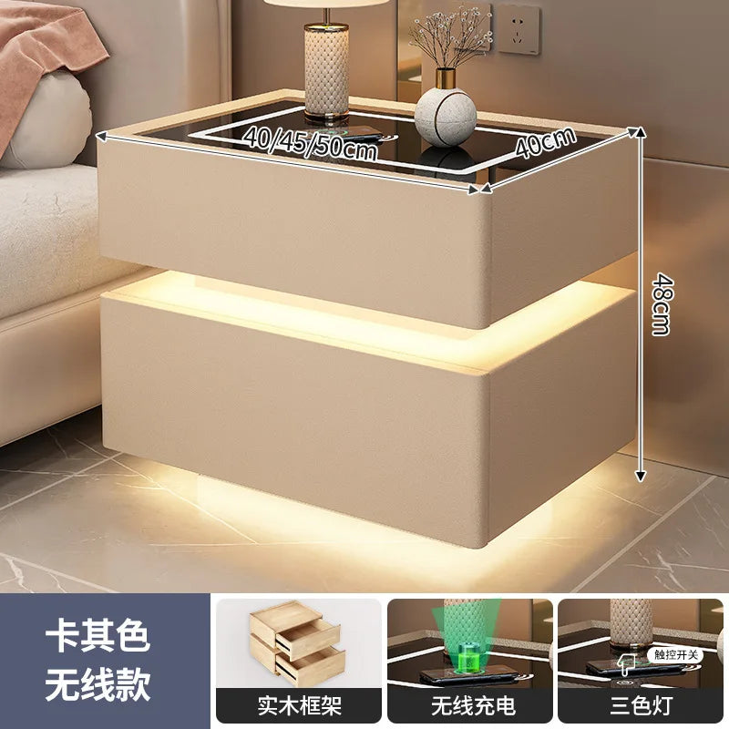 Modern Style Solid Wood Bedside Table with Wireless Charging Smart 2 Drawers Bedroom Nightstands with Lock 40/45/50cm