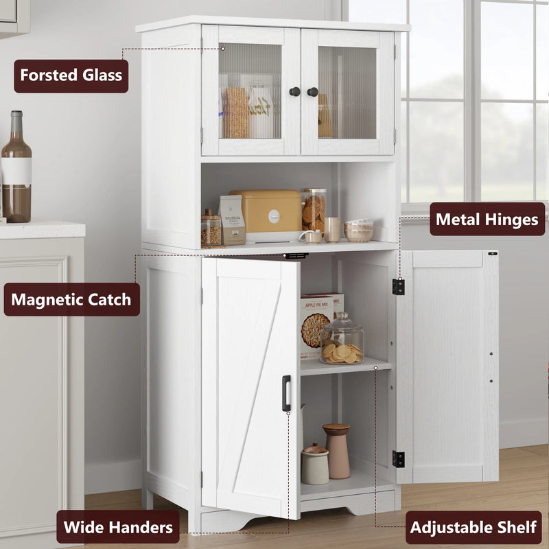 Free Standing Kitchen Pantry Cupboard with 4 Doors and Open Space 128cm Bathroom Tall Cabinet with Tempered Glass Doors