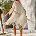 Boho Bikini Cover-up for Women Summer Hand-crochet Tassel Fringe Knitted Hollow-out V-neck Long Beach Robe