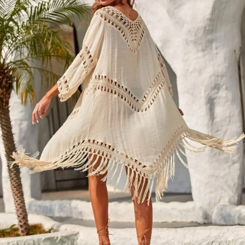Boho Bikini Cover-up for Women Summer Hand-crochet Tassel Fringe Knitted Hollow-out V-neck Long Beach Robe