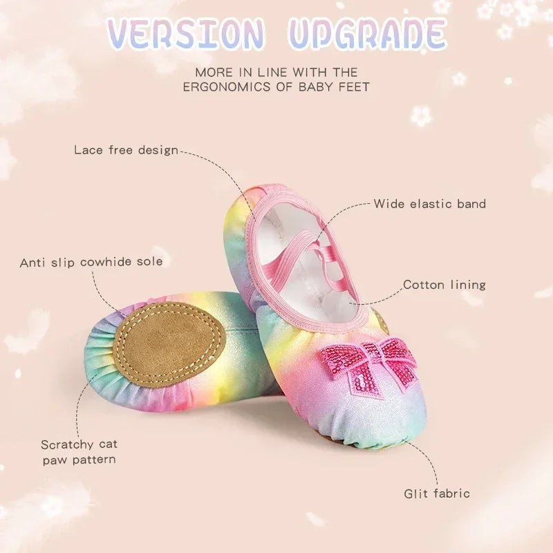 Children's Dance Shoes Girls Ballet Flats Shoes Rainbow Bow Sequins Leather Soft Soled Dance Performance Skate Sport Yoga Shoes