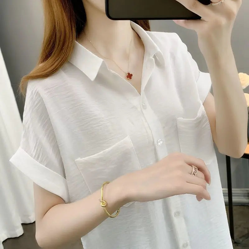 2026 New Faion Loose Materni Summer irt Women's Thin ort Sve Polyester  Collar Button up Casual Top