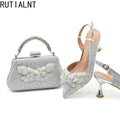 New Arrival Shoes for Women High Heel Rhinestone Paired with Handmade Petal Pointed-Toe Italian Shoes and Bags Matching Set