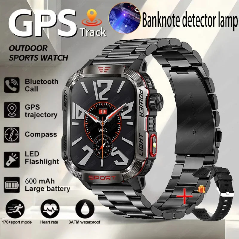 2026 Military GPS Smart Watch Money Detector Light Compass Waterproof Outdoor Sport Tracker Bluetooth Call Watch with Flashlight