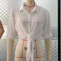 Summer Sun-protective Clothing Casual Loose Clothes Elegant Solid Color Tied Waist Blouse Bat Half Sleeve Button Chiffon Shirt