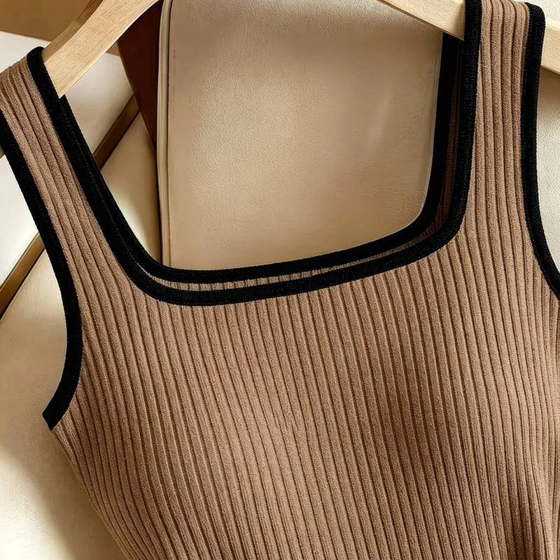 3pcs Women's Ribbed Bodysuit Set Fashionable Black Piped Square Neck Waist-Cinching Style Summer Nightlife Wear Elegant Beach Ou