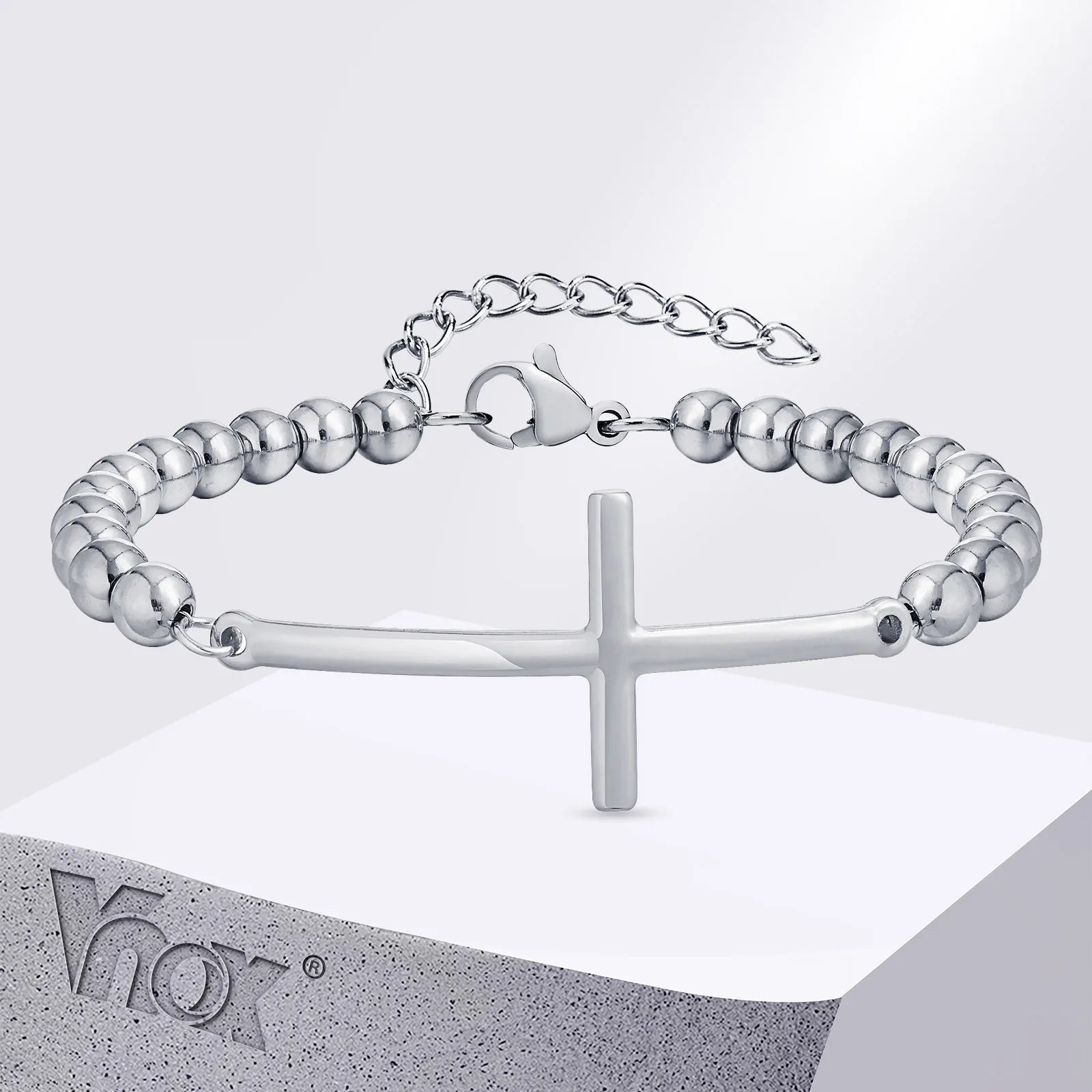 Vnox Simple Big Cross Bracelets with Glossy Stainless Steel Beads Bracelets, Adjustable Beaded Chain Men Religious Faith Jewlery
