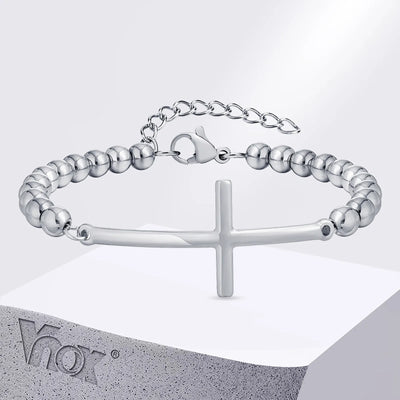 Vnox Simple Big Cross Bracelets with Glossy Stainless Steel Beads Adjustable Beaded Chain Men Religious Faith Jewlery | SAMAG