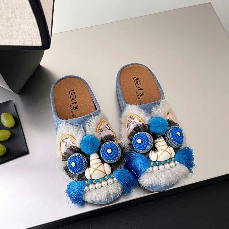 Women Chinese Style Lion Head Slippers Vintage Ethnic Open Toe Clogs Plush Warm Indoor Outdoor Casual Fashion Slide Footwear